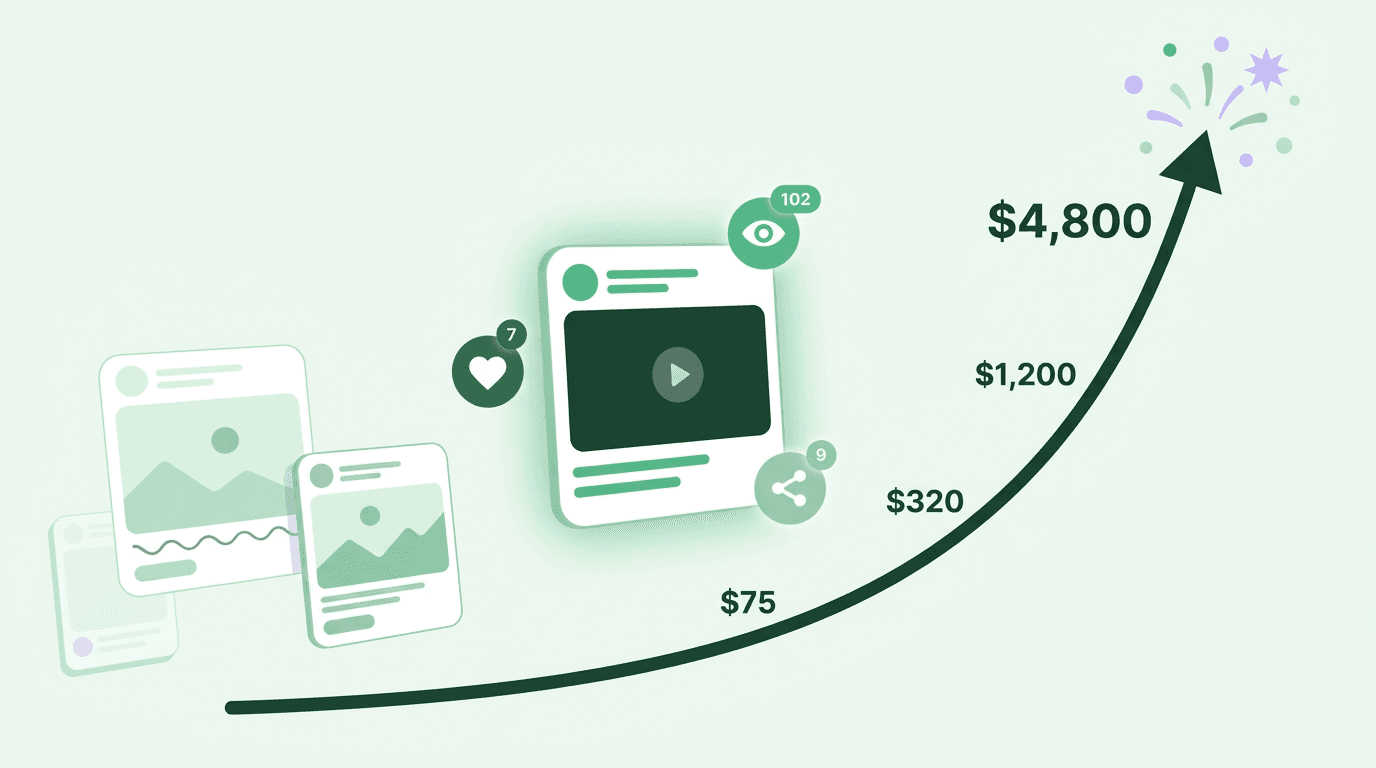 A winning ad creative going viral with earnings scaling from $75 to $4,800 as ad spend grows