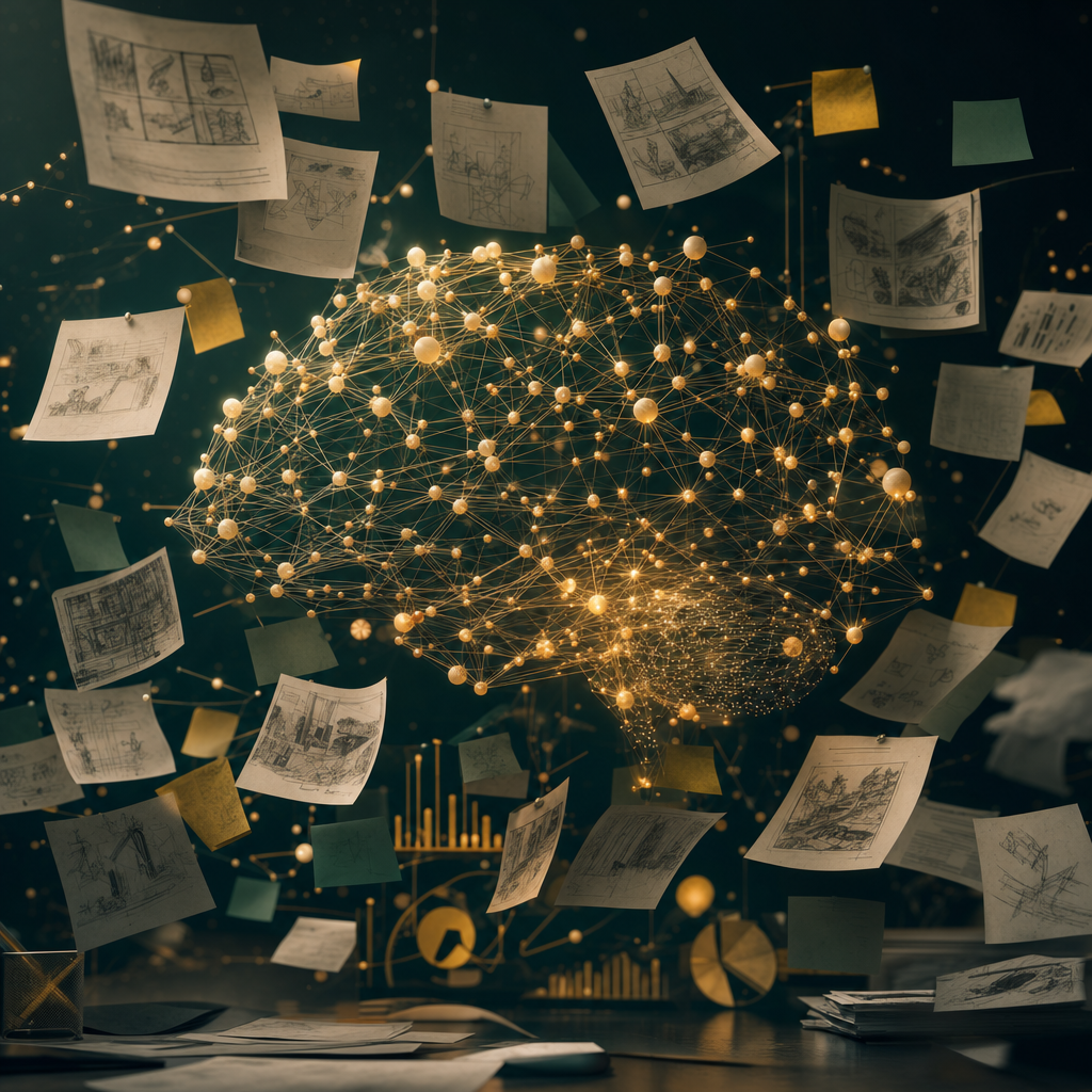 Abstract visualization of AI reasoning over ad briefs, storyboards, and market research documents