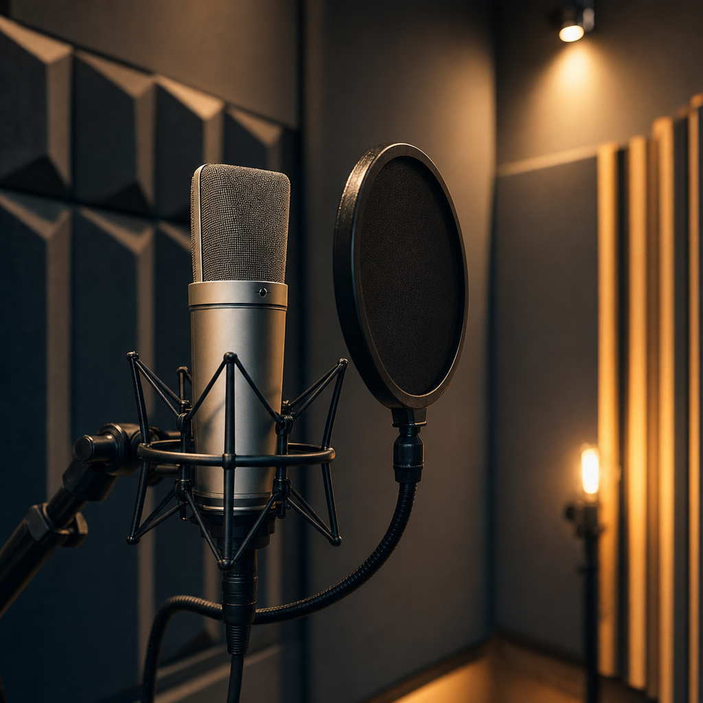 Professional voiceover studio with microphone and warm lighting