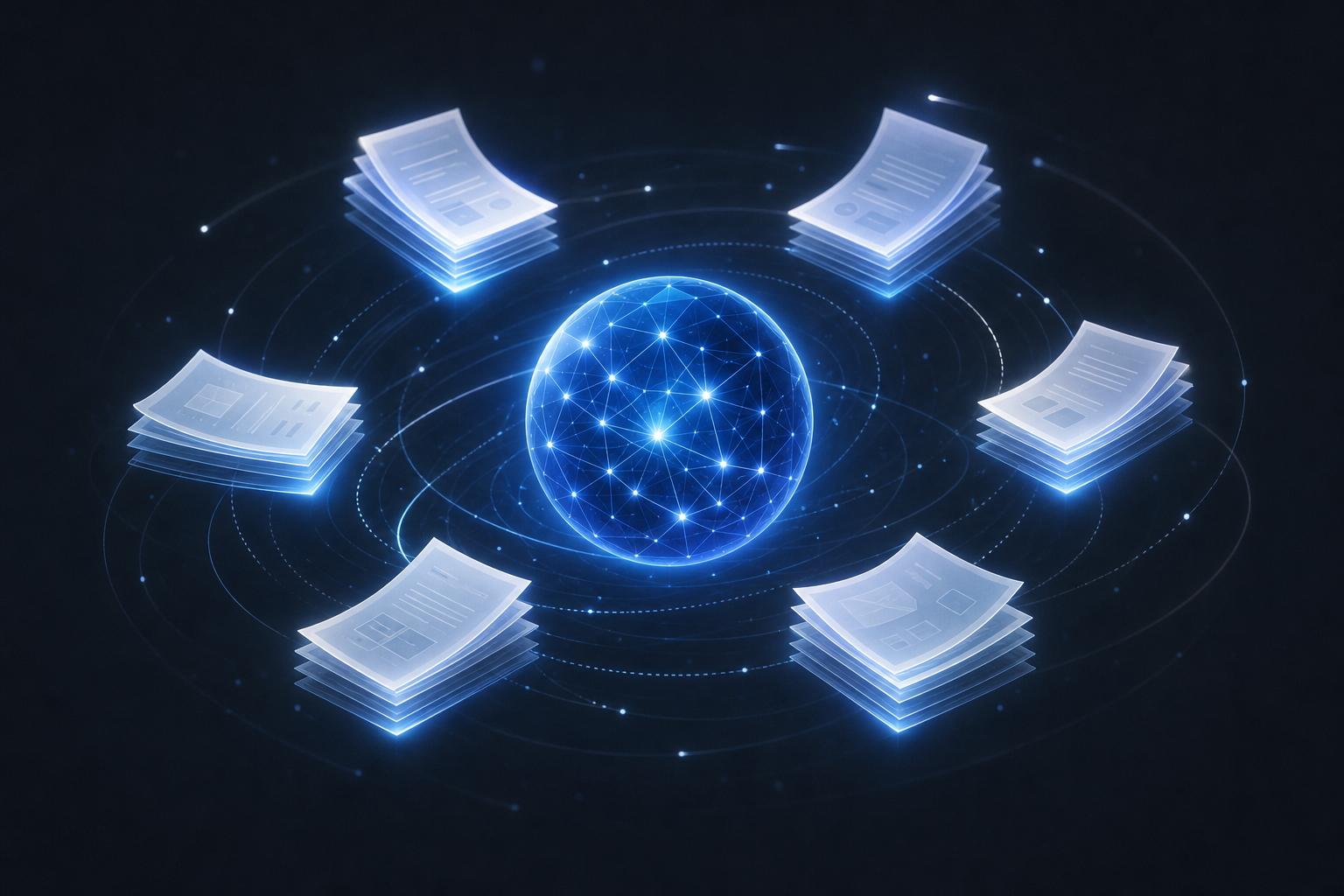 Futuristic language model visualization with documents and insight sparks