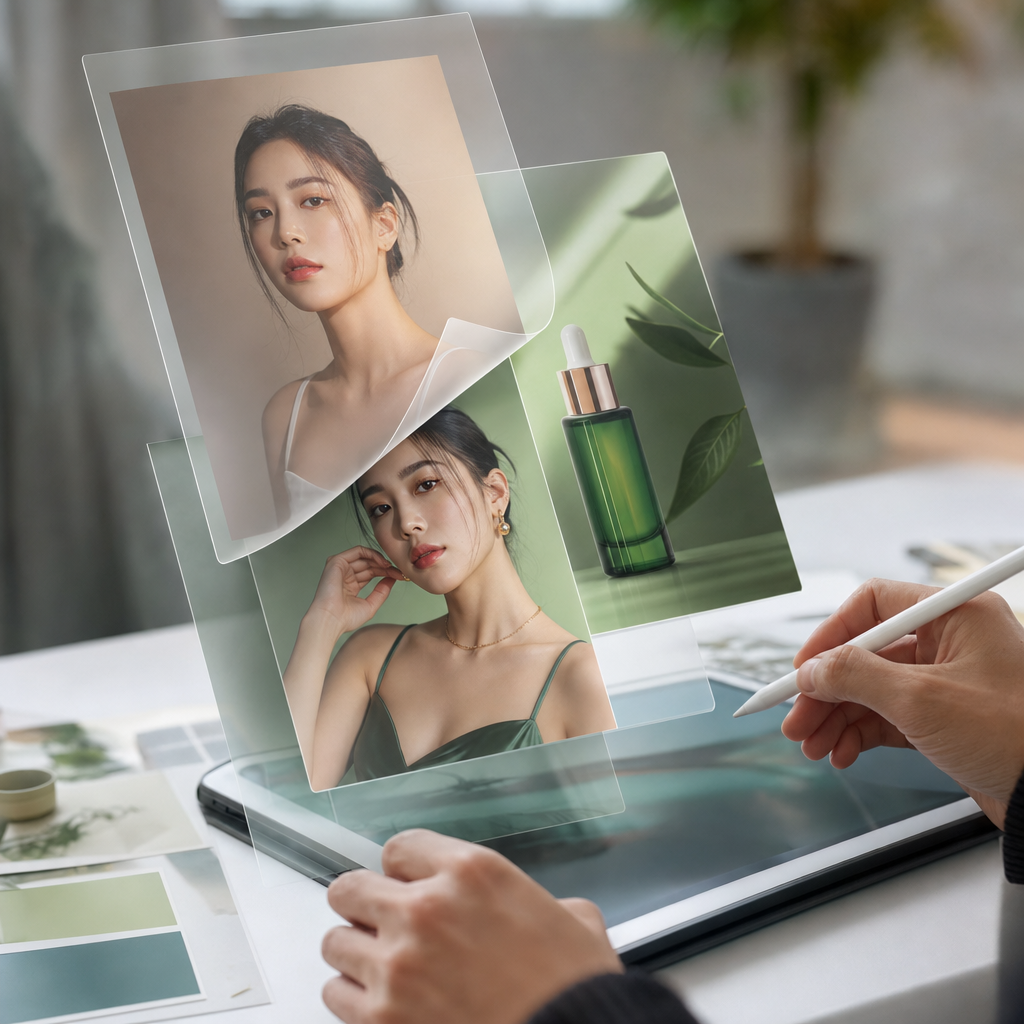 Creative professional editing a photo with digital brush and layered composition