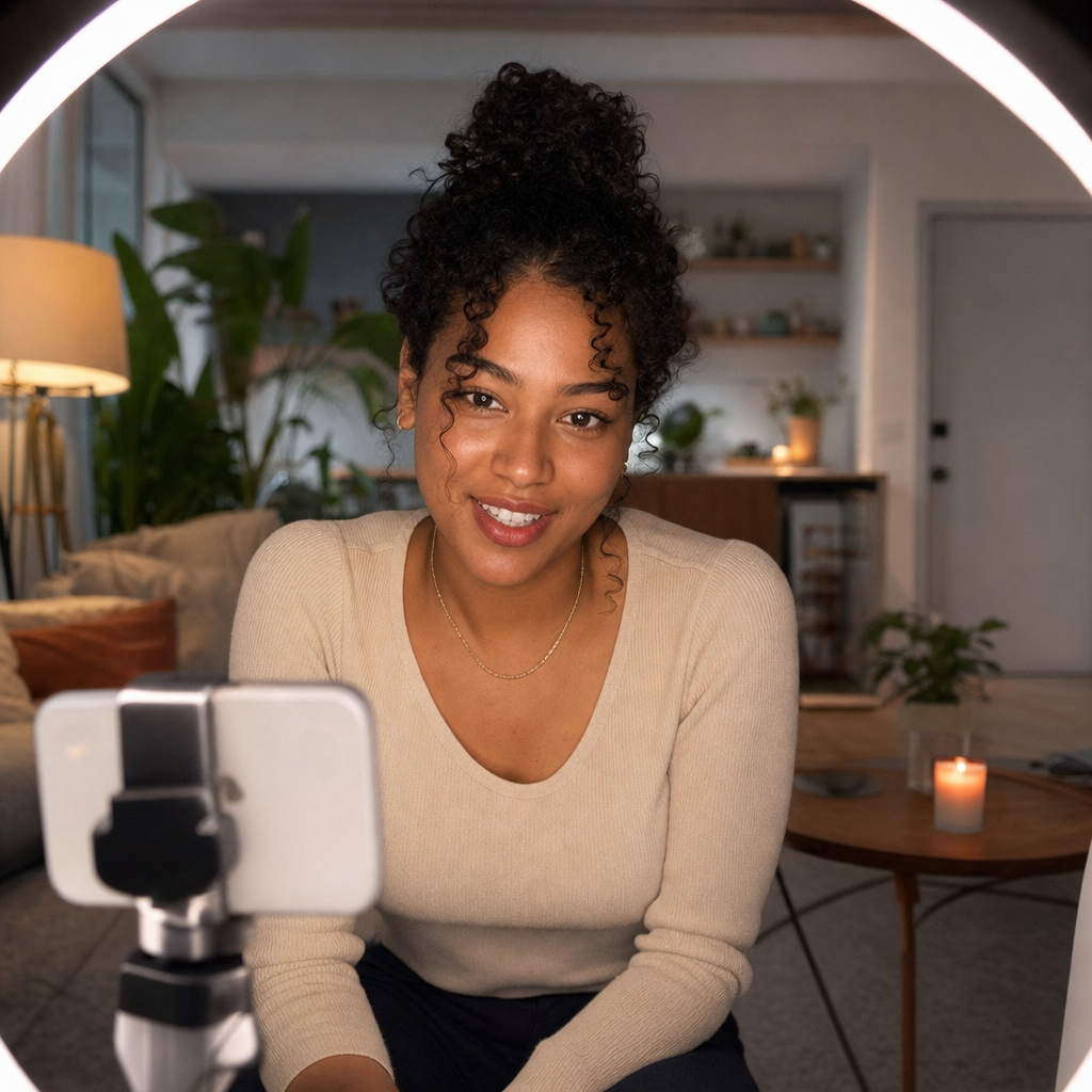 Creator-style talking-head setup with ring light suggesting UGC video ads