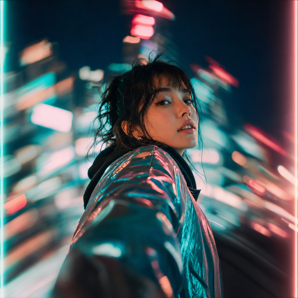 Dynamic urban night scene evoking social-first AI video