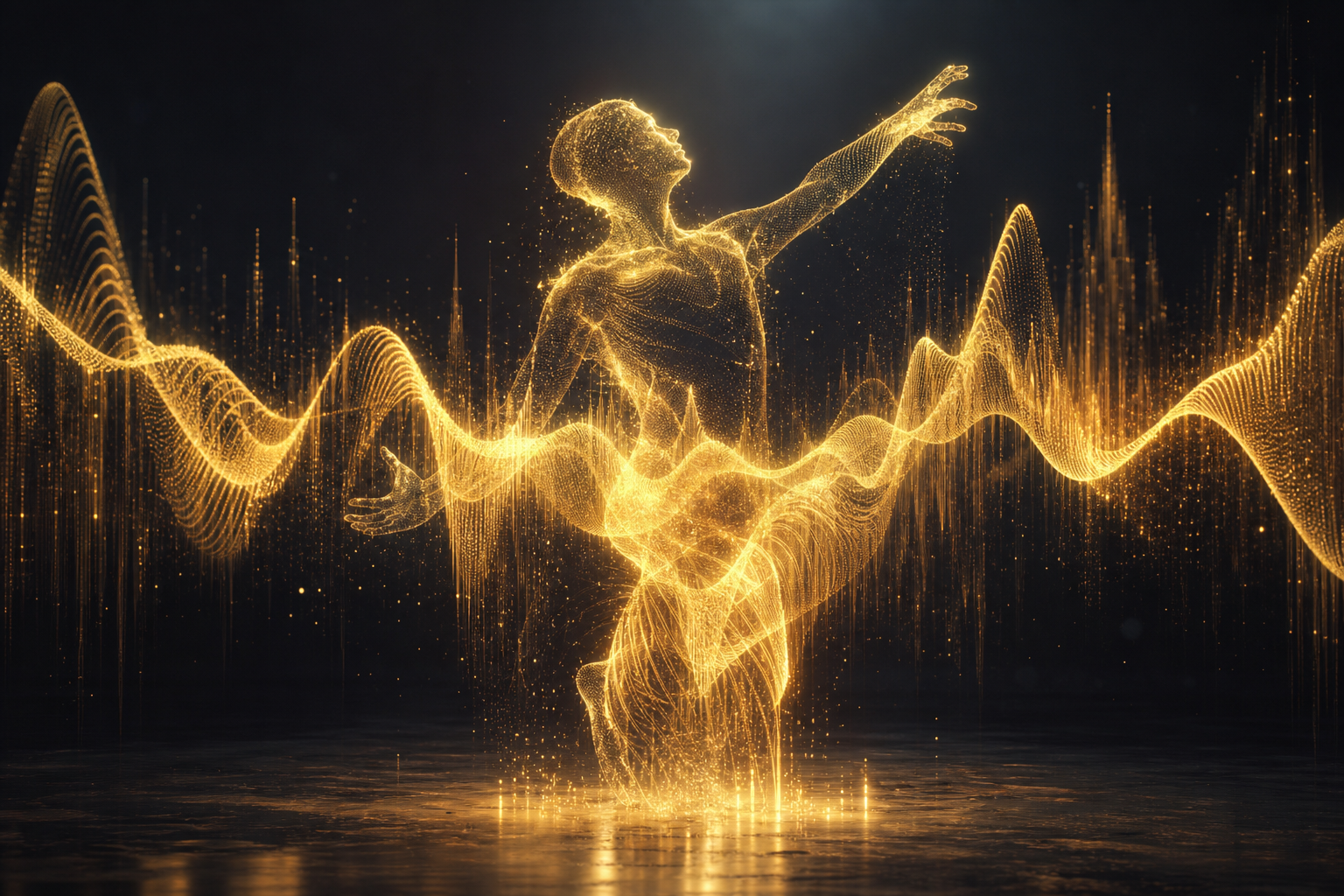Sound waves shaping light into motion suggesting audio-driven video