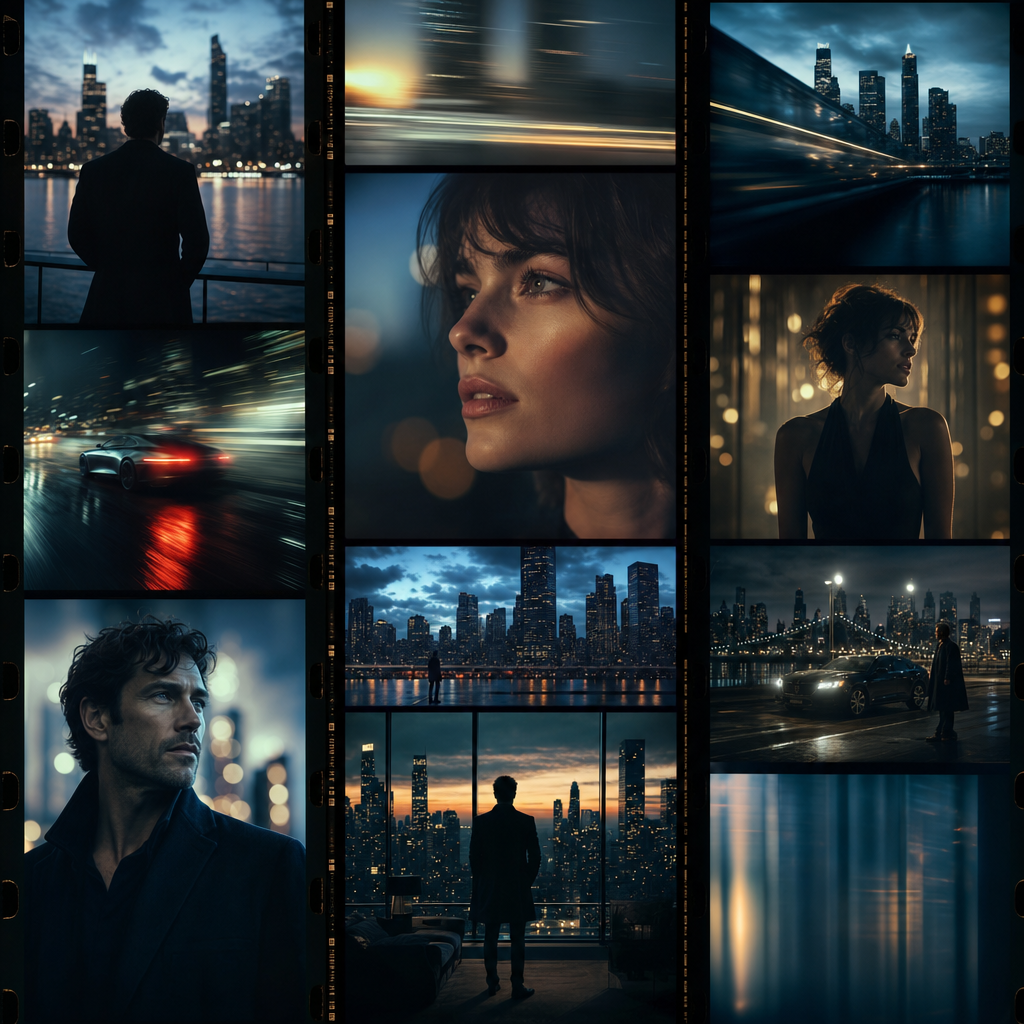 Cinematic film frames and motion blur evoking AI-generated video ads